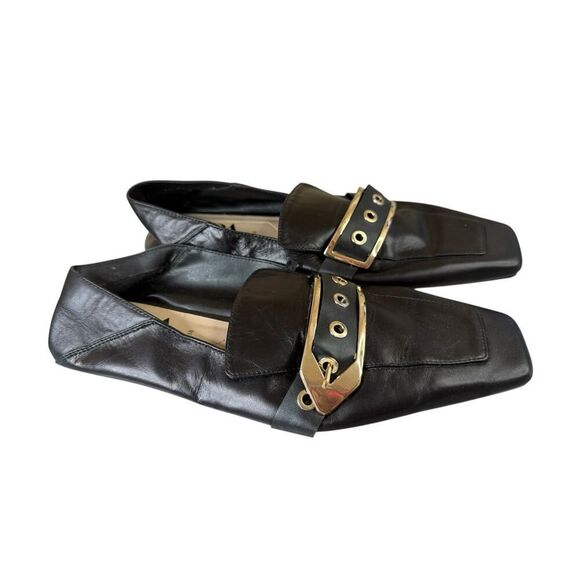 Zara Black Leather Loafers Gold Metal Buckle Square Toe Shoes Size 7.5 US - Picture 7 of 11